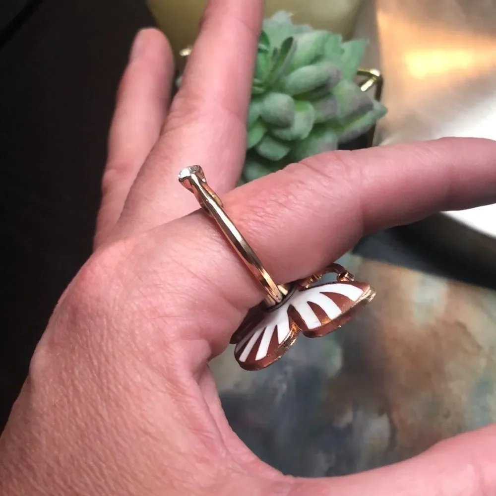 - #163 🤍Cell Phone Ring Stand Holder Grip White Striped Bling Butterfly🤍🦋
